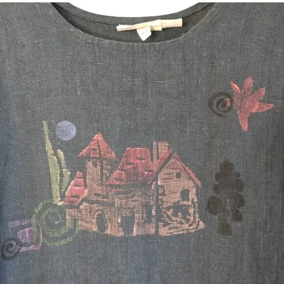 Vintage Lucky & Izzy M/L Linen Long Sleeve Dress Hand Painted Wearable Art Boho - Picture 7 of 13